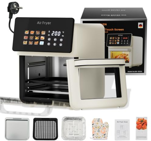 AboveMoon 10L Large Xl Pro Air Fryer Oven With Grill Combo For Kitchen Countertop Use,12 in 1 Smart Convection Ovens,AirFryer With Glass View Window,Basket,Fryer Liners,Removable Door-Beige White