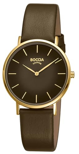 Boccia Titanium Damenuhr 3273-13 Titan gelbgoldplattiert 36 mm mit dunkelbraunem Zifferblatt, Quarz Armbanduhr mit Lederarmband braun, ultraflach ca 6 mm, wasserdicht 3 bar