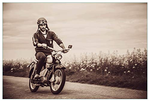 Wallario Küchenrückwand selbstklebend 90 x 60 cm, Motiv: Simson Fahrer in der DDR in Sepiafarben | Spritzschutz abwischbar & pflegeleicht