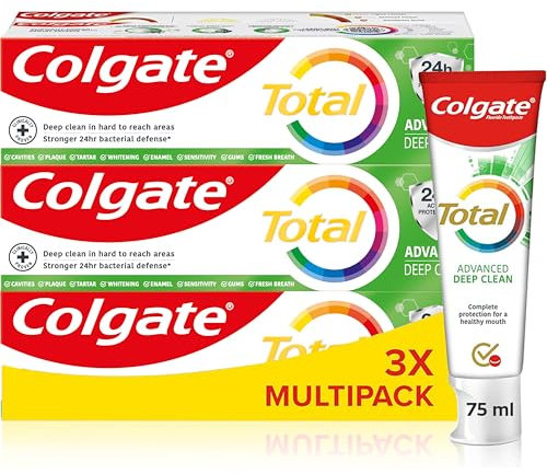 Colgate Total Advanced Deep Clean Toothpaste 75ml x3 | fluoride toothpaste | cleans deep in hard-to-reach places | superior 24 hour bacterial defence* | fights plaque bacteria 3x more effectively**