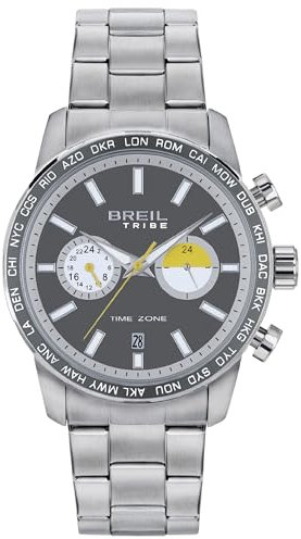 Breil, Collezione Zone, Orologio Uomo Dual Time, Cronografo Maschile con Dettagli Gialli, Lunetta in Alluminio, Lunghezza Regolabile 15.5-21 cm, Chiusura Déployante, Resistente all'Acqua, Cassa 42 mm