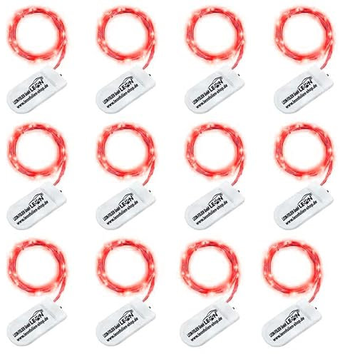 LEON - FOLIEN 12 Stück Mini LED Lichterkette Rot mit Batterien 2 Meter 20 LEDs Kupferkabel Wasserdicht Draht Klein Drahtlichterkette für Innen DIY Dekoration Weihnachten Halloween Hochzeit
