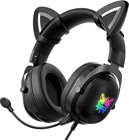 Skecten Black Cat Ear Gaming Headset with Mic, 50MM Driver Noise Cancelling LED Adult Cat Headphones with 3.5mm Jack for Xbox One, PS4, PS5, PC, Laptop, Mac, 4D Stereo Surround Wired Headsets