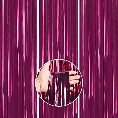 PartyWoo Burgundy, 3 pcs 3.3x6.6 ft Tinsel, Backdrop, Foil Fringe Curtains, Metallic Door Shimmer, Streamers for Birthday Party, Red-Retro Burgundy-Holographic-9006