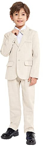 LOLANTA 3 Pièces Garçons Plaid Carreaux Costume, Blazer élégant de fête de Mariage,Ensemble Veste Pantalon Nœud Papillon (Beige,7-8 Ans,Tag 130)