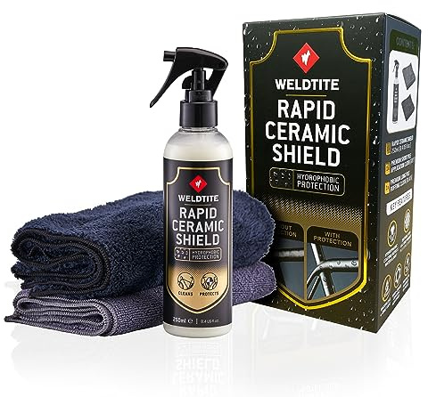 WELDTITE Rapid Ceramic Shield Bike Polish Kit & 2 Cloths, 250 ml | Hydrophobic Protection, Long-Lasting Finish, Suitable for All Bikes, Easy to Use, Professional Results