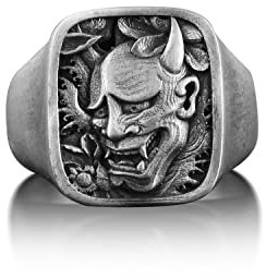 BySilverStone Jewelry Silberring Für Männer – Oni Japanischer Kunst-Herrenring In Silber, Siegelring Mit Dämonengravur Für Männer, Hannya-Maske-Teufel-Ring Für Freund, Fantasy-Ring In