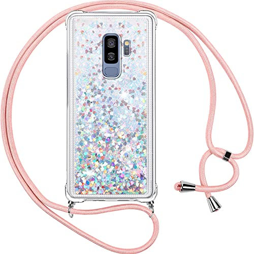 Vauki Handykette für Samsung Galaxy S9+ Hülle mit Band,Silikon Durchsichtig Transparent Flüssig Glitzer mit Kette Kordel Treibsand Necklace TPU Schutzhülle Case für Samsung S9 Plus, Silber