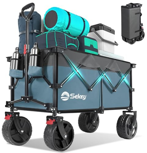 Sekey faltbarer Bollerwagen mit 99 kg Tragfähigkeit, strapazierfähiger faltbarer Gartenwagen mit großen geländegängigen Strandrädern und Getränkehaltern, Blau/Grau