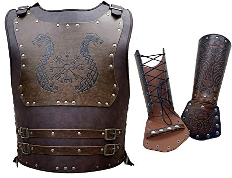 Zhongkaihua Mittelalter Retro PU Leder Brust Rüstung Armschutz Renaissance Wikinger Krieger Kunstleder Geprägte Totem Brustpanzer Armschutz Halloween Cosplay