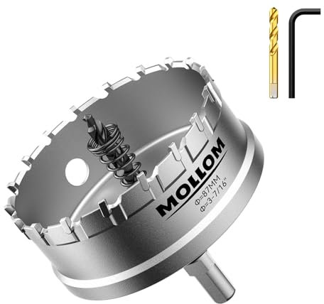 Mollom (87mm | 3-7/16) Scie cloche en carbure pour usage intensif avec 2 forets pilotes, coupe l'acier inoxydable, l'acier doux, le fer, le cuivre, le laiton et le plastique