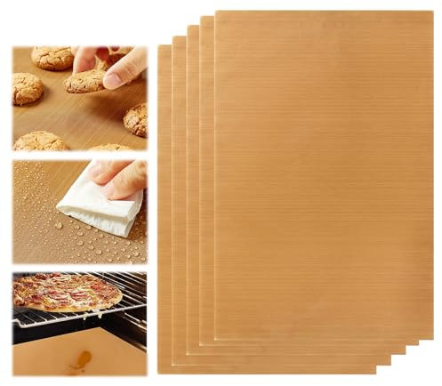 MUYAPAY Lot de 5 Feuille Cuisson en Teflon Papier Feuilles Réutilisable Tapis 30×40 cm,Résistant à 270°C,Toile Huilée Haute Température Téflon, Plaque Four Résistante l'huile, Compatible Air Fryer
