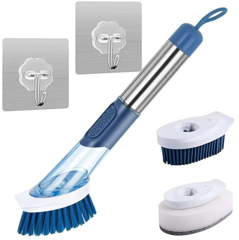 Svitzoot Cepillo de Limpieza 3 en 1 con Dispensador de Jabon Reemplazable Cepillo de Cocina Cepillo Fregar Platos Cepillos Limpieza Hogar para Lavar Plato Fregadero (Azul)