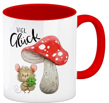 Maus mit Fliegenpilz Kaffeebecher in rot mit Spruch Viel Glück Glücksbringer Tasse Gesundheit Klee Pilz Aquarell Design perfekte Grüße