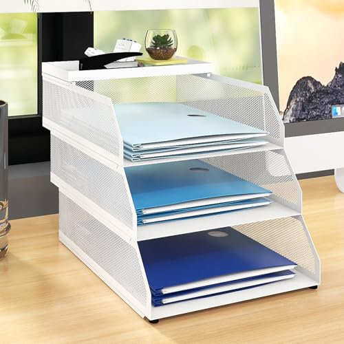PUNCIA 3 Tiers Office Filing Trays for Desk Tidy Organiser Stackable Metal Mesh Paper Storage Letter Tray A4 Magazine File Holder Desk Tidy Document Notebooks Sorter Rack Home School Classroom White