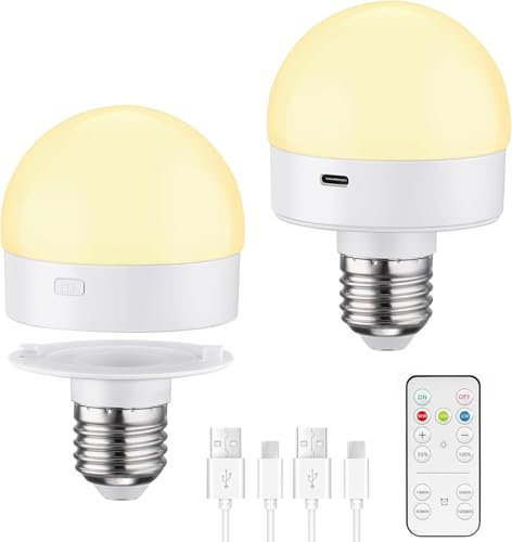 USB Rechargeable Light Bulb, E27 LED Bulbs with Remote Control Timer and 3 Color Dimmable Battery Light Bulb Detachable Charging LED Bulb for Non Hardwired Lamps, Wall Sconce, Hanging Lights（2 pack ）