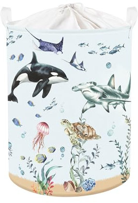 HUUMONSS Meerestiere Kinder Wäschekorb Faltbar für Jungen Mädchen Groß Kleidung Spielzeug Aufbewahrungskorb für Kinderzimmer Bad, Blauhai, 63L