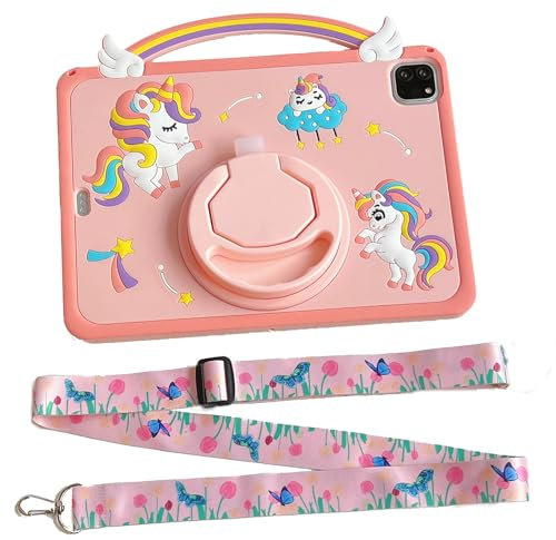 Case for iPad Mini 7 A17 Pro 8.3 Inch 2024, Mini 6th Generation, Rainbow Unicorn Cute Cover with Pencil Holder Rotating Handle Stand & Strap, Girls Kawaii Cartoon Tablet Cover for Kids
