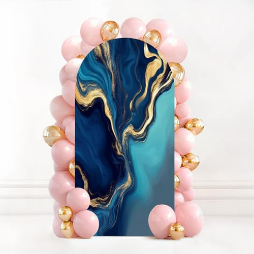 6.6FT Wedding Arch Backdrop Cover Pastel Cyan Mint Liquid Marble Watercolor Gold Lines Brush Stains Teal Arch Cover Spandex Fitted Stretchy Background for Baby Shower Party Birthday Graduation