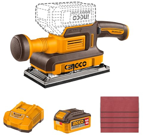 INGCO 20V Cordless Finishing Sander, Brushless Motor, 13000rpm, with 1Pcs 4.0Ah Battery and 1Pcs Charger CFSLI20313