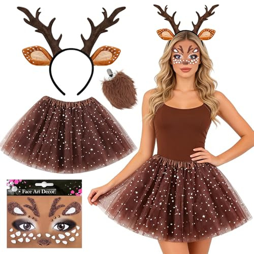 Axinyijia Déguisement Renne Femme Carnaval Costume de Biche pour Femme avec Serre-Tête à Bois de Cerf, Jupe Tutu, Chaussettes et Tatouage de Tête de Renne (B)
