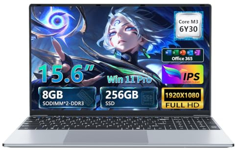 Ordenador Portáti 15,6 Pulgadas, PC Portátil Win 11 8GB RAM 256GB SSD, Laptop con Core M3 6Y30 Procesador, Computadora Portatil Delgada Pantalla FHD abatible de 180° Mini-HDMI 2*USB3.0 WiFi5 BT4.2
