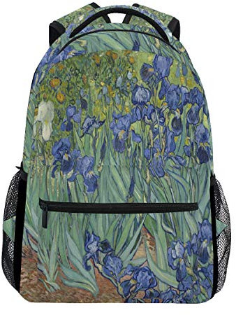 Van Gogh Iris Blumen Ölgemälde Rucksack Wasserdicht Schule Schultertasche Gym Rucksack Lila Grün Laptop Tasche Outdoor Reisetasche für Kinder Jungen Mädchen Damen Herren