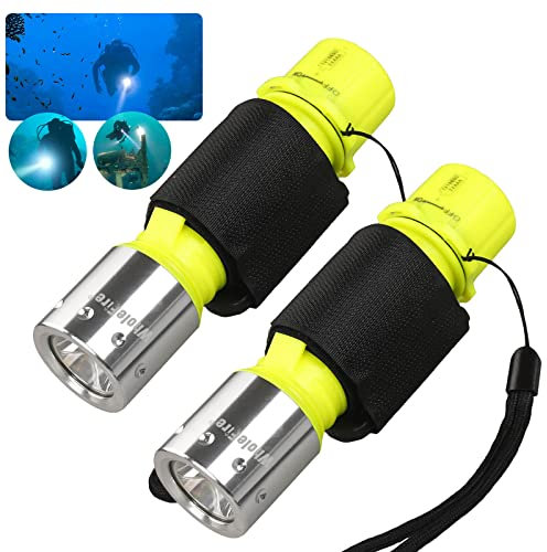 WholeFire Lampe de Plongée 2 Pack, 3 Modes Mini 1000 Lumen Phare de Plongee IPX8 Imperméable Sous Marine Plongée Torche avec 18650 Batterie et Chargeur