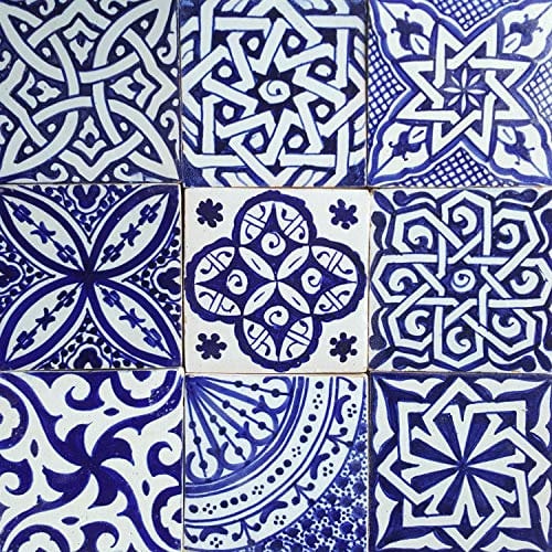 Orientalische Fliesen Mix 10x10 cm blau weiß 9er Packung handbemalte marokkanische Fliesen Patchwork Kunsthandwerk aus Marokko Wandfliesen für schöne Küche Dusche Badezimmer HBF8400