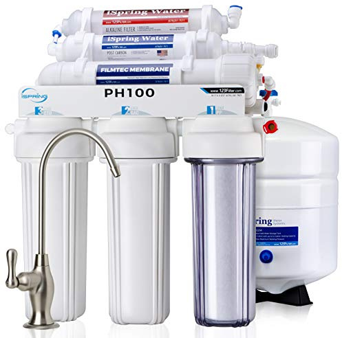 iSpring PH100 Alkaline Reverse Osmosis Water Filter System, pH+ Remineralization 6-Stage Under Sink RO Drinking Water Filtration System 100 GPD Fast Flow 1:1 Pure to Waste Ratio, US Made Filters