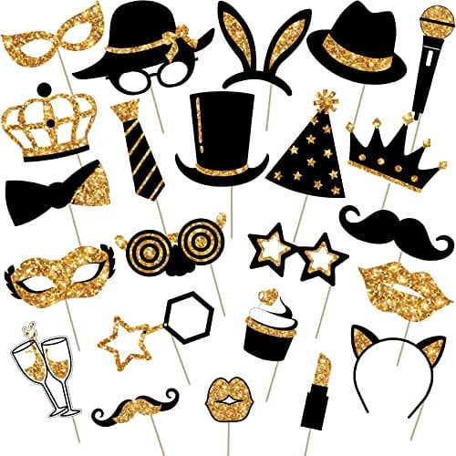 24 Puntelli per Cabina Fotografica Foto Props per Feste Mix di Cappelli Bicchiere da Vino Rossetto Cravatta Corone per Compleanno Matrimoni Festa di Laurea (Oro)