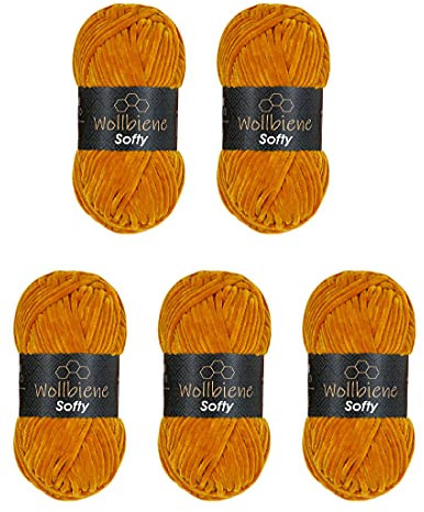 Wollbiene Softy 5 x 100 Gramm chenille wolle zum häkeln Strickwolle, Babywolle, 500 Gramm Chenille Wolle Super Bulky crochet yarn (gold 82)