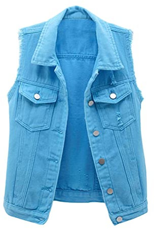 ORANDESIGNE Damen Jeansjacke Casual Übergangsjacke Lange Ärmel Kurzjacke Denim Jacke Jeansweste Ärmellos Frühling Sommer Weste College Style Zerrissene Jeansweste Denim Weste B Blau L