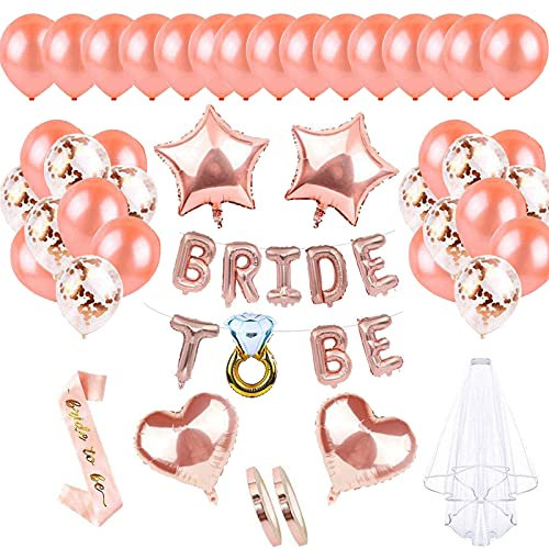 JGA Mit Banner Folienballons Rosegold, Deko Ballons Rosegold Set, Konfetti Luftballons, Schärpe, Brautschleier, Verwendet für Mädchen Abschied Party, Junggesellinnenabschied, Bräute