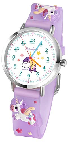 Maukoo Kinderuhr, 3D Cute Cartoon Armbanduhr, Armbanduhr für Kinder Jungen und Mädchen,30M wasserdichte Analog Quarzuhr, Teaching Handgelenk Uhren mit Silikon Armband (Lila Einhorn)