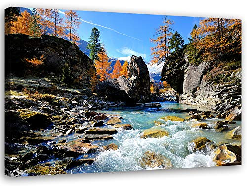 Feeby Vlies Leinwandbild Felsen Berge Bäume 120x80 cm Wanddeko Design Kunstdruck Zimmerdeko Bilderwand Natur Flusslauf Blau