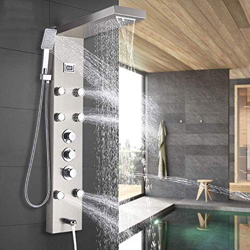 Duschpaneel Säulenturmsystem Thermostatischer Regenwasserfall-Duschkopf mit Handbrause Massagedüsen Badewannenauslauf Wandmontiert Edelstahl
