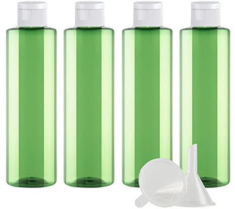 ZEOABSY 4 Pièces 250 ML Vert Bouteille en Plastique avec Bouchon à Charnière Blanc, Épaule Plate Vider Bouteille Ronde en PET de Voyage pour Cosmétiques Liquides