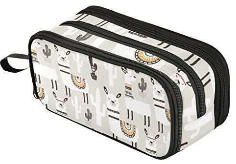 Fustylead Boho Cute Llama Cactus Large Pencil Pen Case Stationery Bag, 3 Compartments School College Office Desk Organizer Storage Pouch Marker for Teen Boys Girls Students