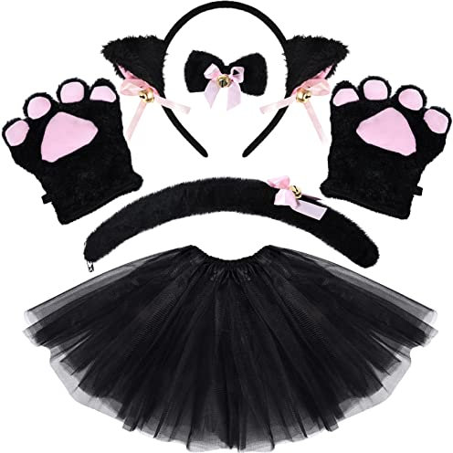 Tacobear Costume Gatto Bambina Tutu Gonna con Cerchietti Orecchie da Gatto Nero Coda Papillon Guanti Costume Halloween Festa Natale Carnevale Cosplay Costume da Animale per Bambini