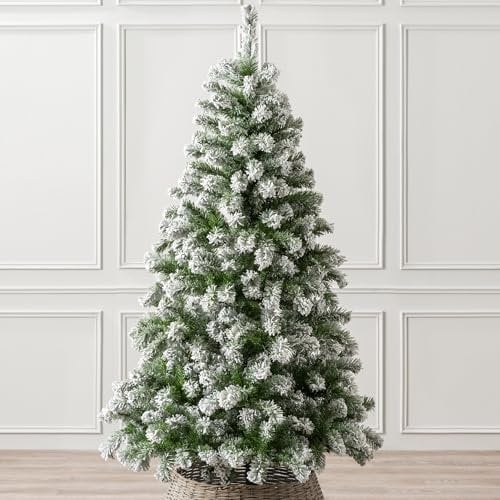 Christow Flocked Christmas Tree 6ft, Snowy Artificial Chamonix Spruce Tree with Bushy Traditional PVC Tips, Hinged Branches, Slot-Together Poles & Green Metal Stand for Easy Display, 180cm x 101cm