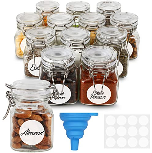BELLE VOUS 12 Bocaux a Epices Hermétiques en Verre avec Couvercles - Pots à Épices 120 ml - Réutilisable avec Étiquettes & Entonnoir - Bocal avec Bouchon en Liege pour Cuisine, Épices, Thé