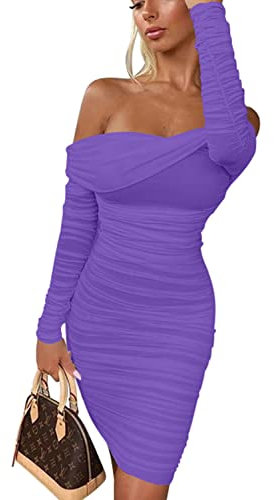 GOKATOSAU Mini robe sexy élégante à volants et épaules dénudées pour femme, violet, Taille M