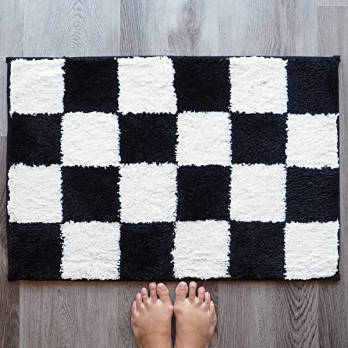 Evovee Schwarz-weiß karierter Teppich, Badvorleger, Schachbrett, Badezimmerteppich, niedlich, lustig, lustig, adrett, cool, Wohnung, College, Neuheit, Retro