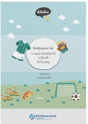 dabelino® Fußball Kinder-Briefpapier-Set: A5, liniert mit Umschlägen + Malblock | (für Jungen/Mädchen, grün, blau)