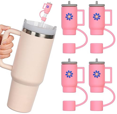 AUAUY 4PCS Straw Covers for Stanley Cup 40OZ and 30OZ, Cute Straw Tip Covers, Reusable Stanley Straw Cover, 0.4 inch/10mm Straw Toppers, Straw Protectors Cap, Stanley Cup Accessories (Rose Red Cup)