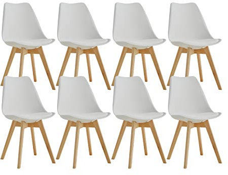 GrandCA HOME 8er-Set Esszimmerstühlen, Küchenstuhl mit Beinen aus Kiefernholz, gepolsterte Stühle für Esszimmer, Wohnzimmer und Küche, Weiß