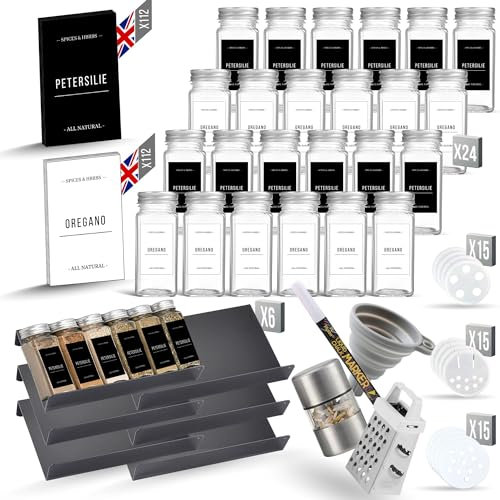 Uonel INDUSTRY Spice Jars Set Gewürz organizer gewürzregal schublade 24 (+ Reibe und Schleifer) schubladen organizer küche - Gewürzgläser eckig - With Spice Labels