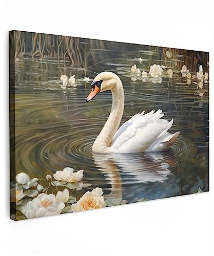 MuchoWow© Bilder 90x60 cm Wohnzimmer Deko Modern Wandbild Foto auf Leinwand Bild Schlafzimmer Room Decor Geschenke Schwan - Blumen - Lilie - Tiere