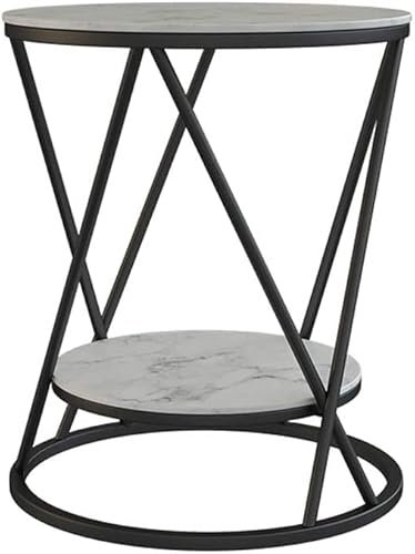 Mesa de Centro de la Sala de Estar Moderna Mesa de café Redonda, Estructura de Metal de Escritorio de Piedra sinterizada Mesita de Noche de 2 Niveles para sofá de café Sala de Estar Dormitor